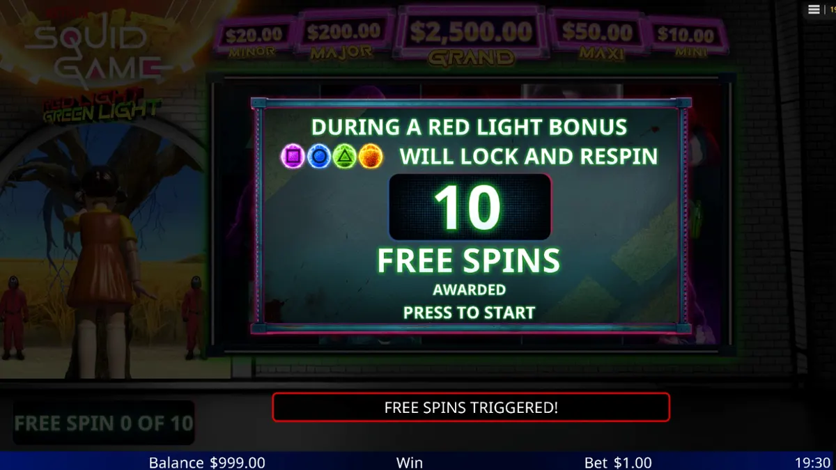 Tampilan visual slot Squid Game: Red Light, Green Light dengan elemen ikonik