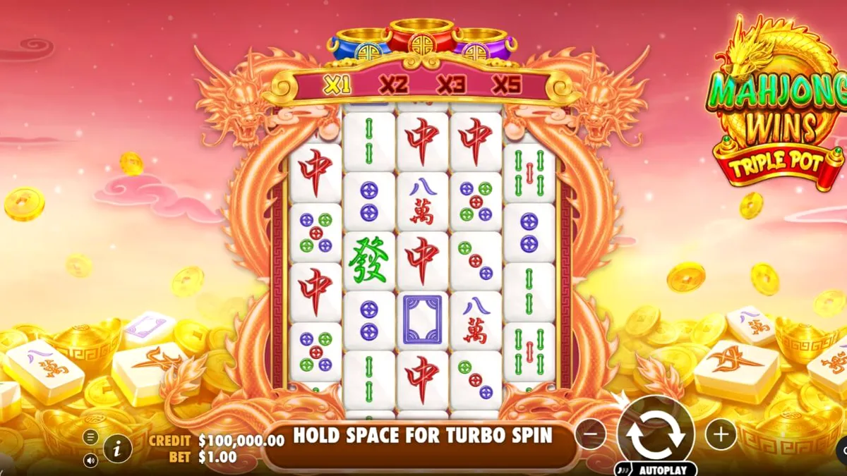 Tampilan visual slot Mahjong Wins Triple Pot dengan tema mahjong dan kastil.